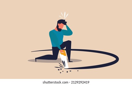 Business Self Sabotage And Idiot Mistake To Lost Job. Failure And Stress People Finance Illustration Concept. Stupid Person And Problem Bankrupt. Man With Frustration And Cutting Self Hole