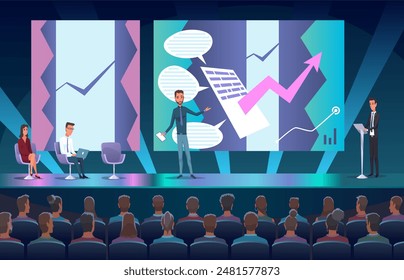 Business seminar speaker doing presentation and professional training about marketing, sales and e-commerce. Flat illustration of presentation conference and motivation for business audience - Powered by Shutterstock