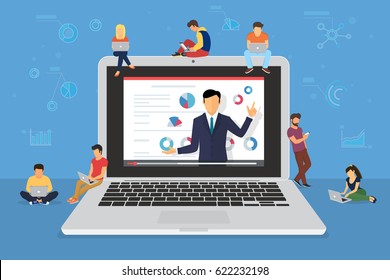 Business seminar speaker presentation and professional training about marketing, sales and e-commerce. Flat concept illustration of young people sitting on big laptop and attending public conference - Powered by Shutterstock