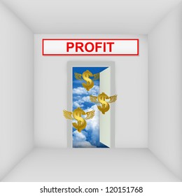 Business Solution Concept Present By The White Room With Profit Door Open to The Blue Sky With Flying Golden Dollar Currency Sign