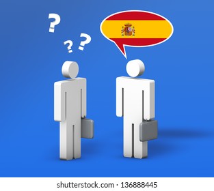 Business Spanish language concept with a funny conversation between two 3d people on blue background. The man with the flag of Spain on the speech cloud speaks a correct language, the other one no.