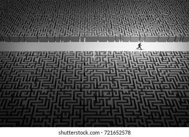Business strategy pathway concept as a businessman leader running through an opening in a confused labyrinth as a corporate career success metaphor or life path goal with 3D illustration elements.