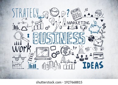 Business Strategy Plan On Concrete Wall, Doodle Sketch Set. Business Finance Chart Graph, Success Achieving