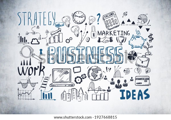 Business strategy plan on\
concrete wall, doodle sketch set. Business finance chart graph,\
success\
achieving