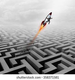 Business Success Concept And Successful Clever Businessman Motivation Metaphor As A Man Breaking Out Of A Maze With A Rocket Ship Going Upward To A Career Goal Getting Past A Metaphoric Labyrinth.