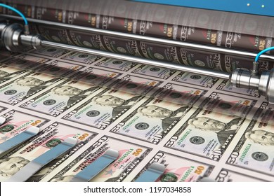 Business Success, Finance, Banking, Accounting And Making Money Concept: 3D Render Illustration Of Printing 50 US Dollar USD Money Paper Cash Banknotes On Print Machine In Typography