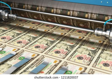 Business Success, Finance, Banking, Accounting And Making Money Concept: 3D Render Illustration Of Printing 10 US Dollar USD Money Paper Cash Banknotes On Print Machine In Typography