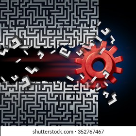 Business Success Solution Concept As A Machine Gear Or Mechanical Cog Breaking Through A Maze Or Labyrinth As A Metaphor For Disruptive Technology Or Ground Breaking Innovation.