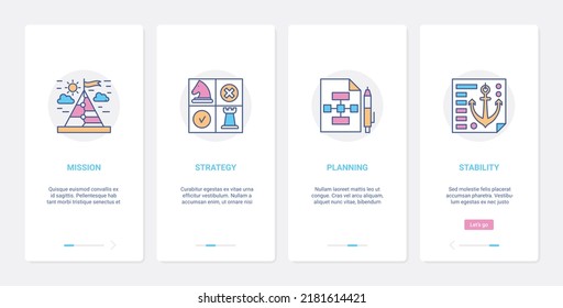 Business Success Strategy Concept Illustration. UX, UI Onboarding Mobile App Page Screen Set With Line Successful Mission Statement, Management Planning, Business Stability Abstract Symbols