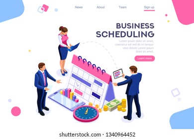 Business tasks schedule week. Clock, blackboard, computer graphic. Task background, flat color icons, creative illustrations, isometric infographic images, web banner - Illustration - Powered by Shutterstock