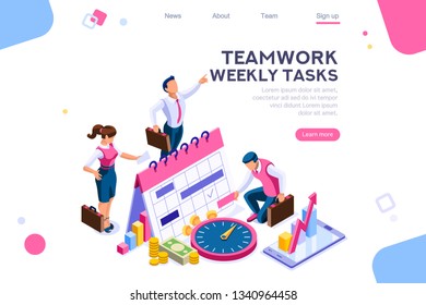 Business tasks schedule week. Clock, blackboard, computer graphic. Task background, flat color icons, creative illustrations, isometric infographic images, web banner - Illustration - Powered by Shutterstock