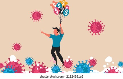 Business Tax Help Money Government Coronavirus Pandemic Finance. Man With Balloon Floating In Air Illustration Concept. Chance Career Survive Budget. Investor Escape Success For Covid Virus