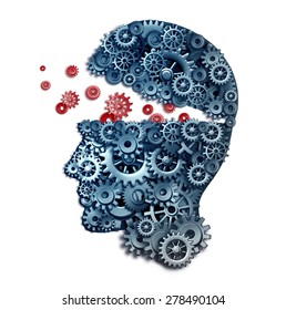 Business Teacher And Mentorship Concept As A Learn And Lead Symbol For Career Skill Building From A Corporate Trainer As A Human Head Made Of Gears And Cogs On A White Background.