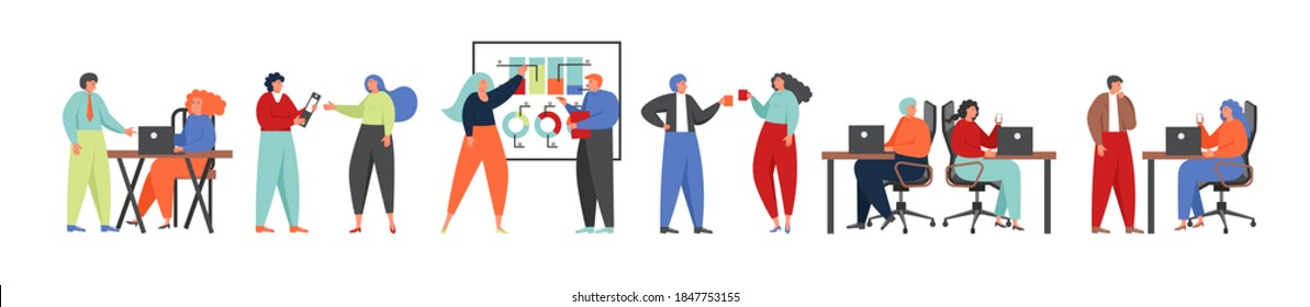 Business team characters discussing idea, debating, giving lecture, thinking, drinking coffee, working on laptop computers, flat isolated illustration. Teamwork, office scene collection. - Shutterstock ID 1847753155