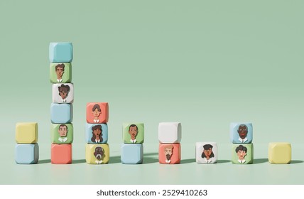 Business team diagram, cubes with people's portraits set in charts, showing the progress and achievements. Business, management, Human resources concept 3D reddening - Powered by Shutterstock