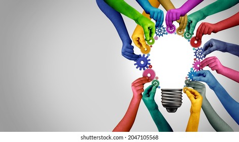 Business Team Diversity Solution Thinking Together As A Diverse Group Of People Coming Together Joining Hands Into The Shape Of A Light Bulb As A Community Support Metaphor With 3D Elements.