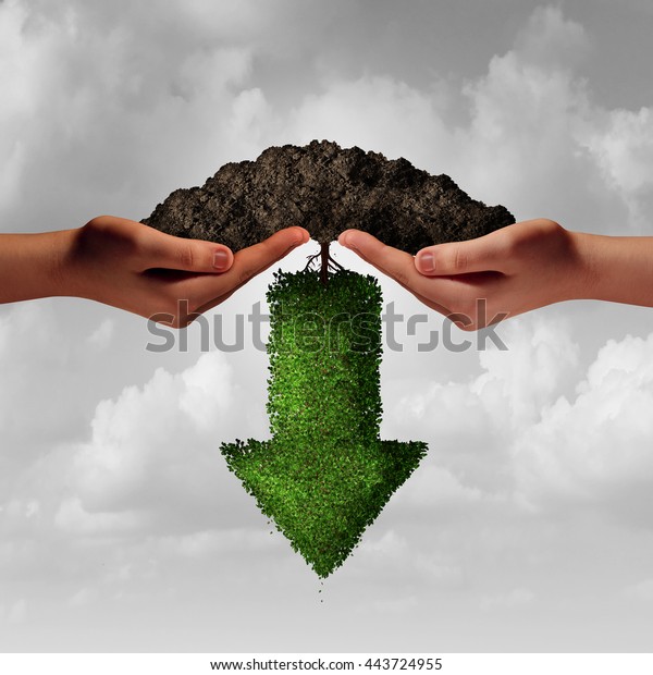Business team project failure as two diverse human\
hands holding soil with an arrow tree growing downward as a\
financial or a failed partnership loss metaphor in a 3D\
illustration\
style.