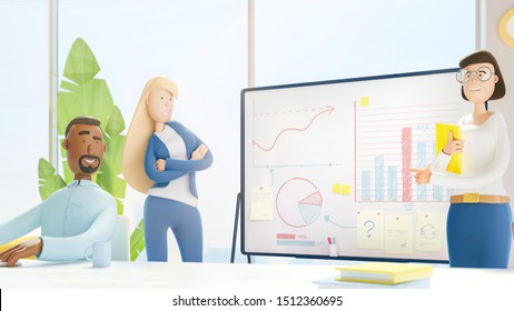 Business teamwork concept. 3d illustration.  Cartoon characters. Modern office. Seminar business conference with workers in office, planning new strategy.
