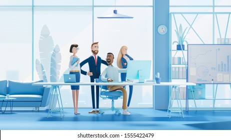 Business Teamwork Concept. 3d Illustration.  Cartoon Characters. Modern Office. A Team Of Employees Works On The Computer. Blue Background.