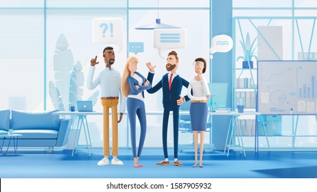 Business Teamwork Concept. 3d Illustration.  Cartoon Characters. Business People Group Chat Communication Bubble.