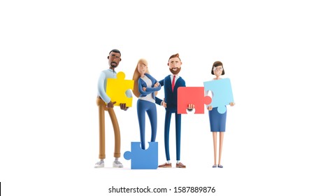 Business teamwork concept on white background.  Cartoon characters. people connecting puzzle elements. 3d illustration.