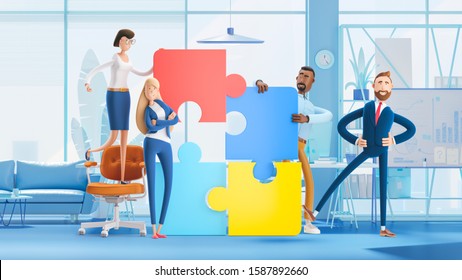 Business teamwork concept on white background.  Cartoon characters. people connecting puzzle elements. 3d illustration.