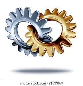 Business Teamwork Partnership Concept With Chrome And A Gold Metal Gears Or Cogs Connected Joining In The Shape Of A Heart As A Symbol Of Corporate Merger For A Symbiotic Relationship.