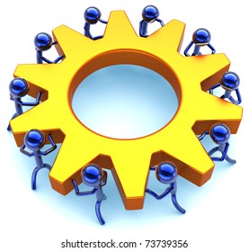 Business teamwork process. Community efficiency cooperation abstract. Success of team concept. Stylized workers turning together an golden gear wheel. Detailed render 3D. Isolated on white background