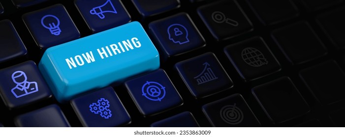 Business, Technology, Internet and network concept. NOW HIRING inscription, modern technology business concept. 3d illustration