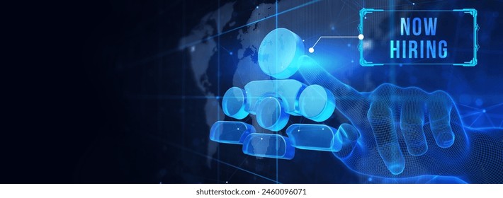 Business, Technology, Internet and network concept. NOW HIRING inscription, modern technology business concept. 3d illustration