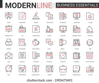 Business Thin Red Black Line Icon Illustration Set. Business Essential Website Outline Pictogram Symbols Collection With Office Objects, Equipment And Documents For Financial Development