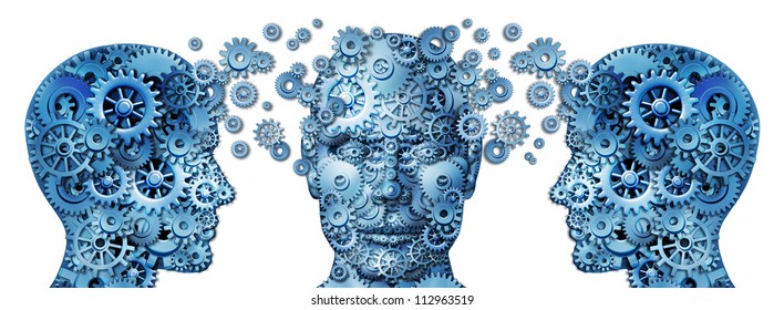 Business training and corporate management education programs with human heads made of gears and cogs exchanging ideas and knowledge to train and educate the mind for career success on white.