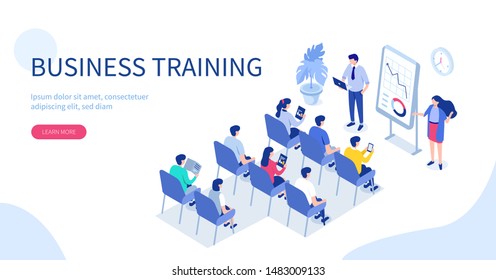 Business Training Or Courses Concept. Can Use For Web Banner, Infographics, Hero Images. Flat Isometric Illustration Isolated On White Background.