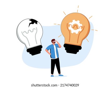 Business Transformation, Change Management Or Transition To Better Innovative Company, Improvement And Adaptation To New Normal Concept, Smart Businessman Jump From Old To New Shiny Lightbulb Idea.