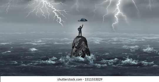 Business umbrella held by a businessman in a storm with thunder and lightning as a corporate crisis metaphor for financial security or protection idea with 3D illustration elements.