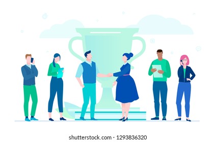 Business victory - flat design style illustration on white background. A composition with international team standing next to a big cup. Man and woman shaking hands. Productive teamwork concept - Powered by Shutterstock