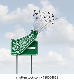 Business Way Concept As A Group Of Birds Lifting Up A Confused Direction Sign Revealing A Clear Straight Arrow As A Solution Path Metaphor With 3D Illustration Elements.