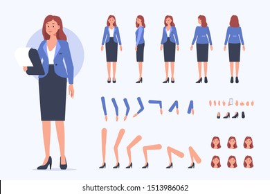 Business Woman Character Constructor For Animation. Front, Side And Back View. Flat Style Illustration Isolated On White Background.