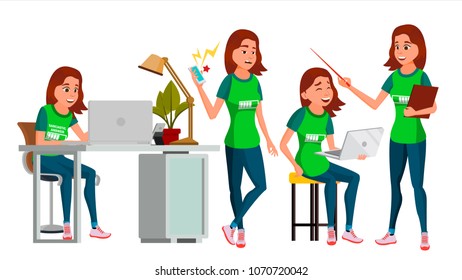 Business Woman Character. Young Female In Different Poses. Teen Clerk In Office Clothes. Designer, Manager. Cartoon Illustration