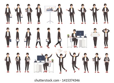 Business Woman Or Female Office Worker Dressed In Smart Clothing In Different Postures, Moods, Situations And Expressing Various Emotions. Flat Cartoon Character. Colorful Illustration