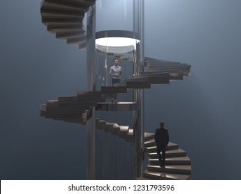 Business Woman In A Glass Elevator Cabin, 3d Illustration