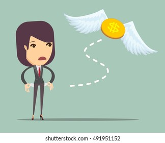 Business Woman Is Losing Money, And He Flies To Nowhere. Stock Illustration.