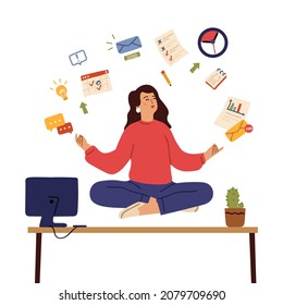 Business woman meditate. Calm emotions, healing body and mind on office. Girl control stress with yoga meditation, balance concept - Powered by Shutterstock