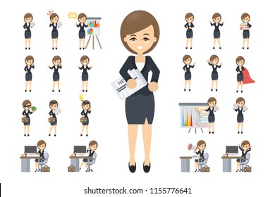 Business Woman Set. Posing And Emotions. Cartoon Character