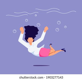 Business Woman Sinking And Drowning. Failure, Bankruptcy, Financial Crisis Metaphor. Rastered Copy