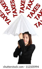 business woman under taxes rain with umbrella
