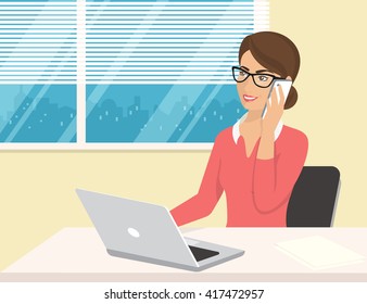 Business woman wearing rose shirt sitting in the office and talking by cellphone. Flat illustration of business people at work desk - Powered by Shutterstock