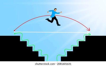Businessman 3 ways choice. Smart Short way VS Hard Long way Concept. Man jumping Over Stairs blue sky. Risk taking Person and Time Saving Conceptual Idea.	
