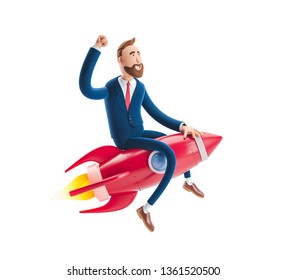 Businessman Billy flying on a rocket up. 3d illustration. Concept of  business startup, launching of a new company. - Powered by Shutterstock