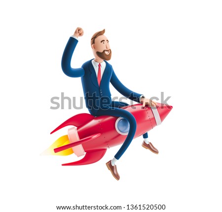 Businessman Billy flying on a rocket up. 3d illustration. Concept of  business startup, launching of a new company. ストックフォト © 